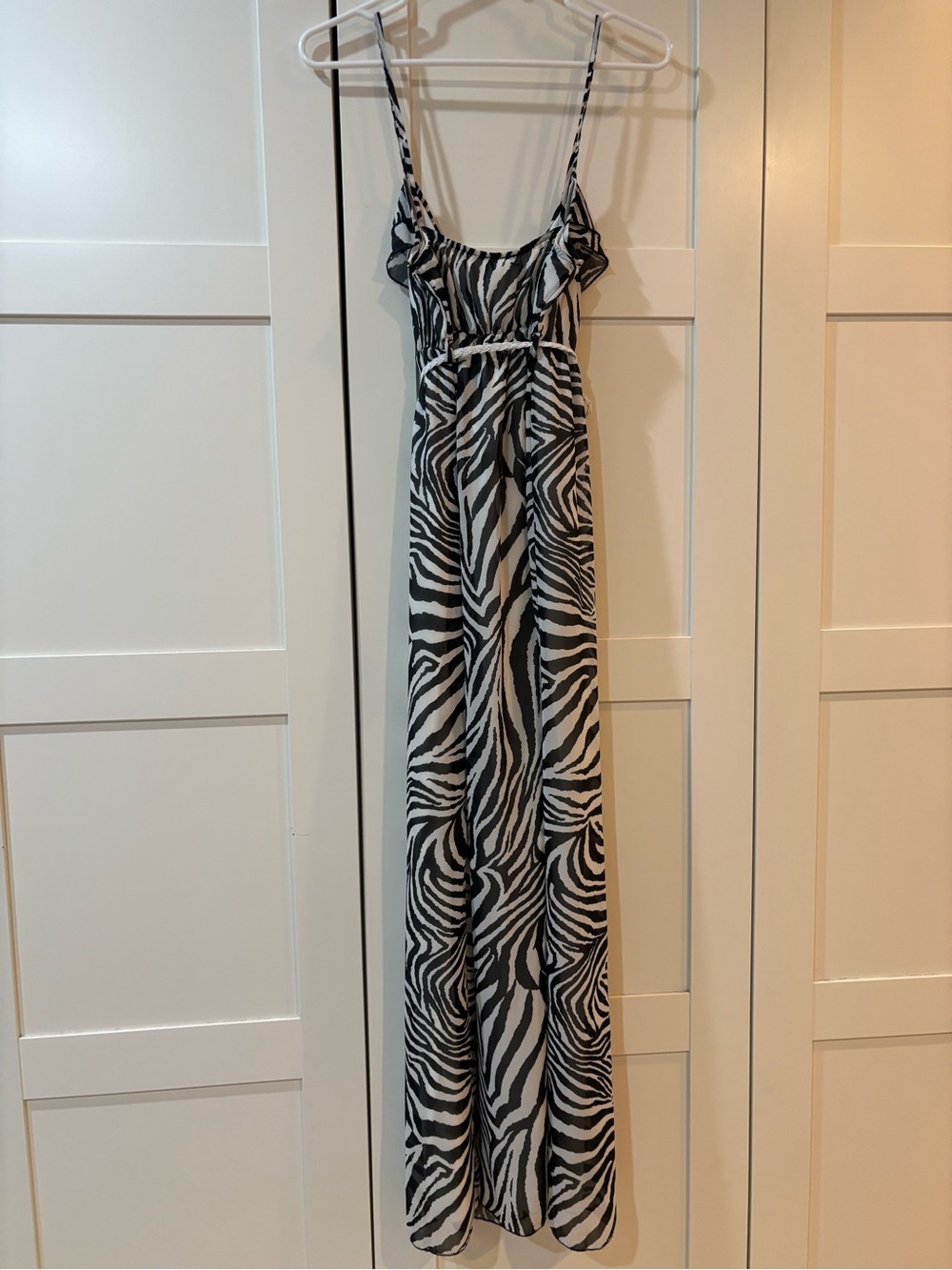 Janice Zebra Print Maxi Dress Small S Black White Chiffon Ruffle Empire Waist